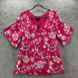 Anthropologie Liv Los Angeles Medium Top Pink White Embroidered Flowers Tunic‎